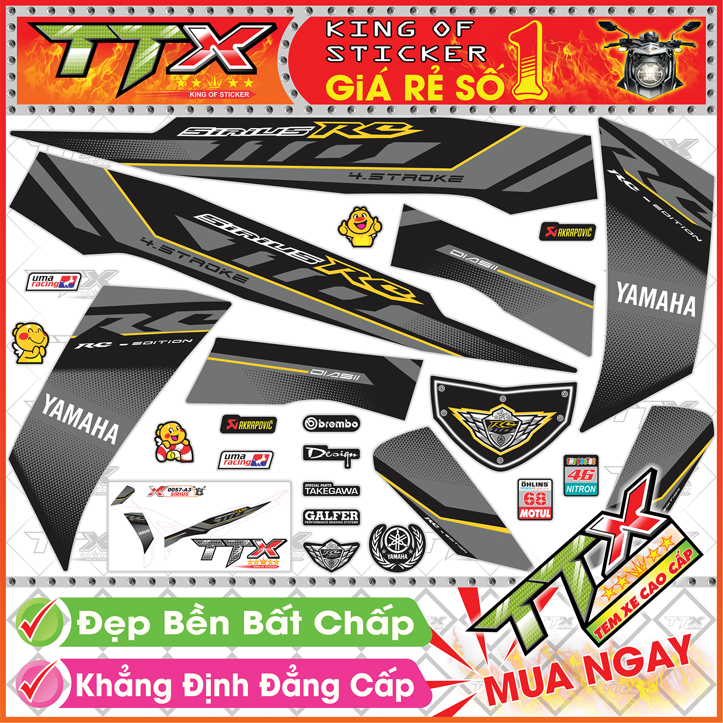 Tem xe sirius rc xám đen vàng - tem sirius 110 vàng xám đen siêu đẹp - mẫu team sirius đen xám vàng