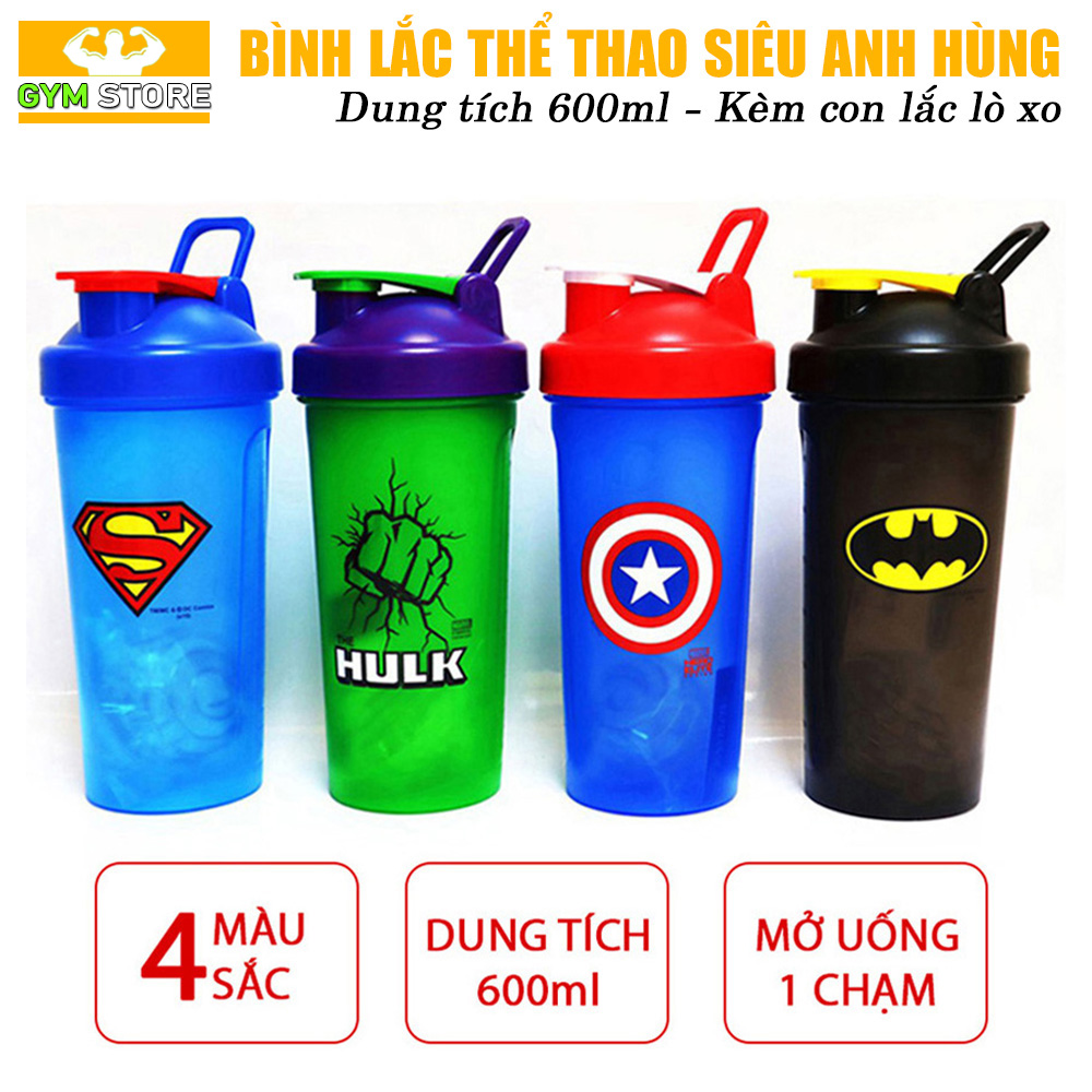 Bình Lắc thể thao Siêu Anh Hùng Marvel-DC 600ml siêu cute kèm con lắc lò xo