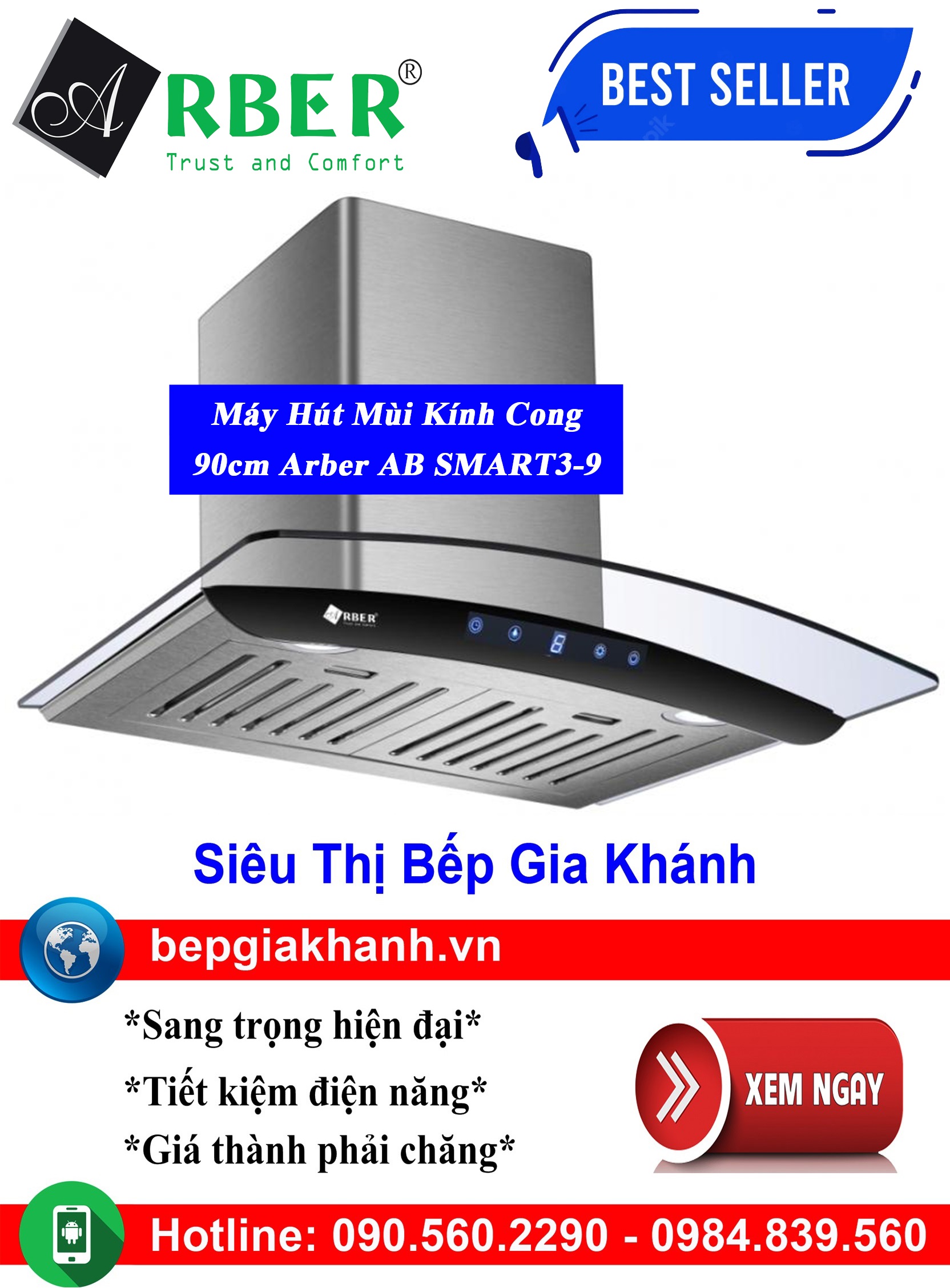 [HCM]Máy hút mùi kính cong 90cm Arber AB SMART3-9, máy hút mùi nhà bếp, máy hút mùi bếp, máy hút mùi kính cong, máy hút mùi canzy, máy hút mùi mini, máy hút mùi âm trần, máy hút mùi electrolux, may hut mui