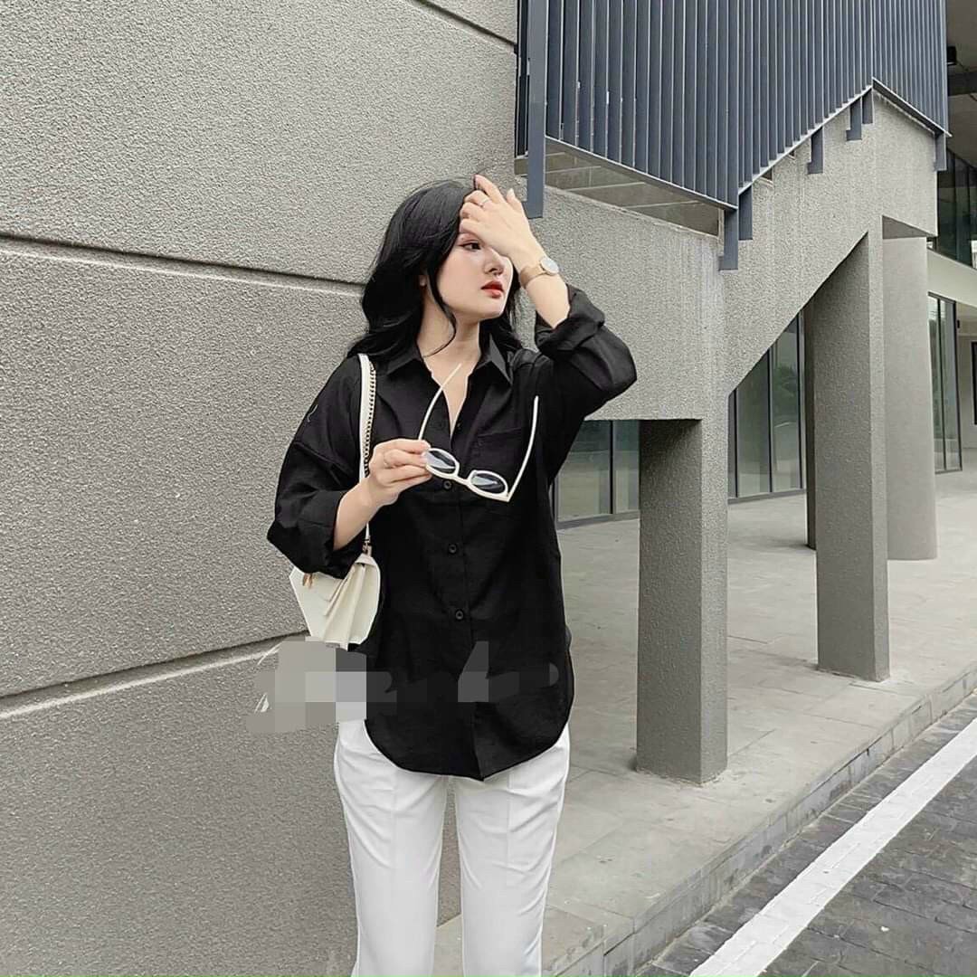 Áo sơ mi tay dài from rộng style học sinh, áo sơ mi trơn unisex 1 túi vải kate mềm min, sơ mi kate trắng đen