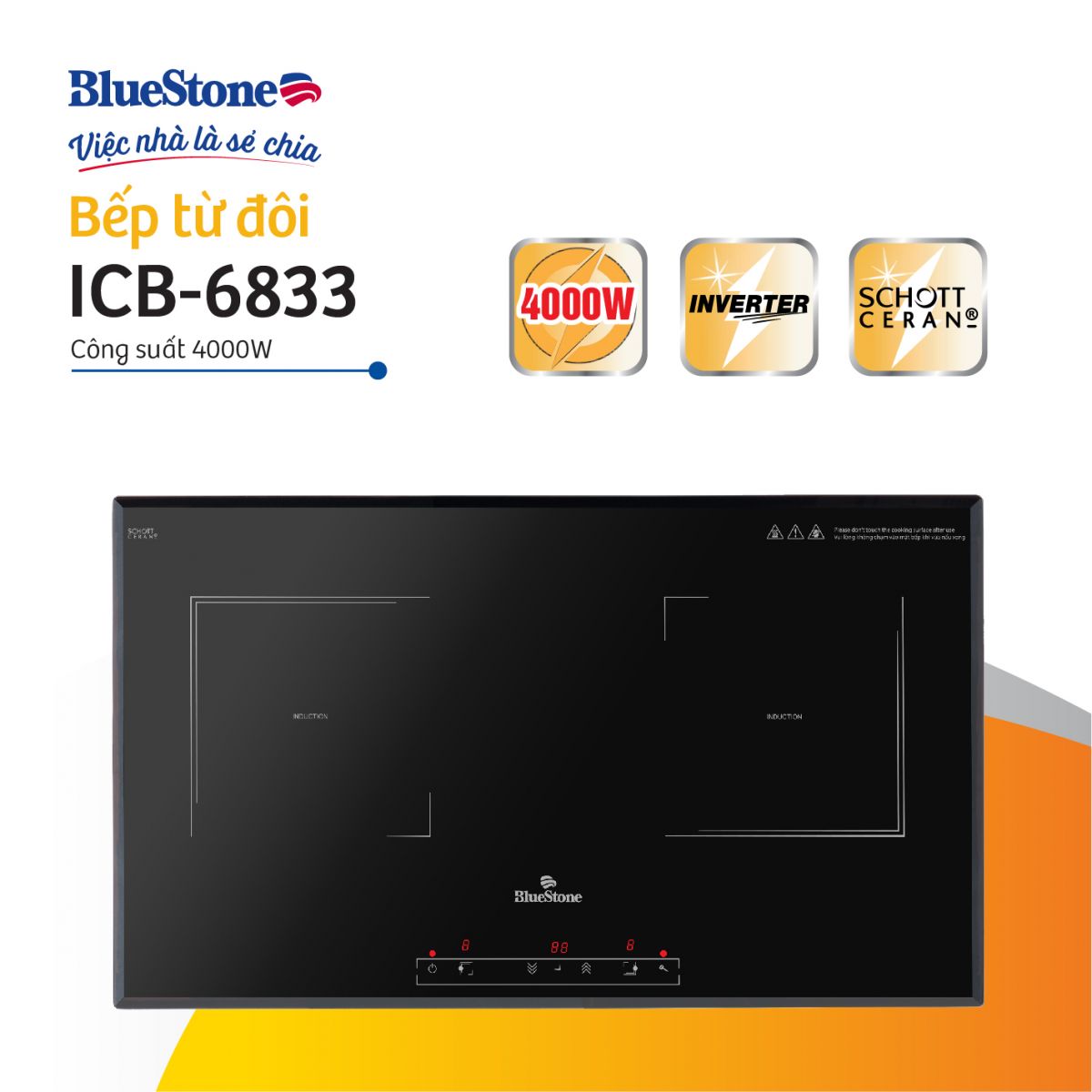 Bếp từ đôi lắp âm bluestone icb-6833 hàng trưng bày đẹp 97-98% công suất: trái: 2000w - phải: 2000w chất liệu mặt bếp: kính ceramic - schott ceran bảng điều khiển: cảm ứng loại nồi nấu: chỉ sử dụng loại nồi có đế c