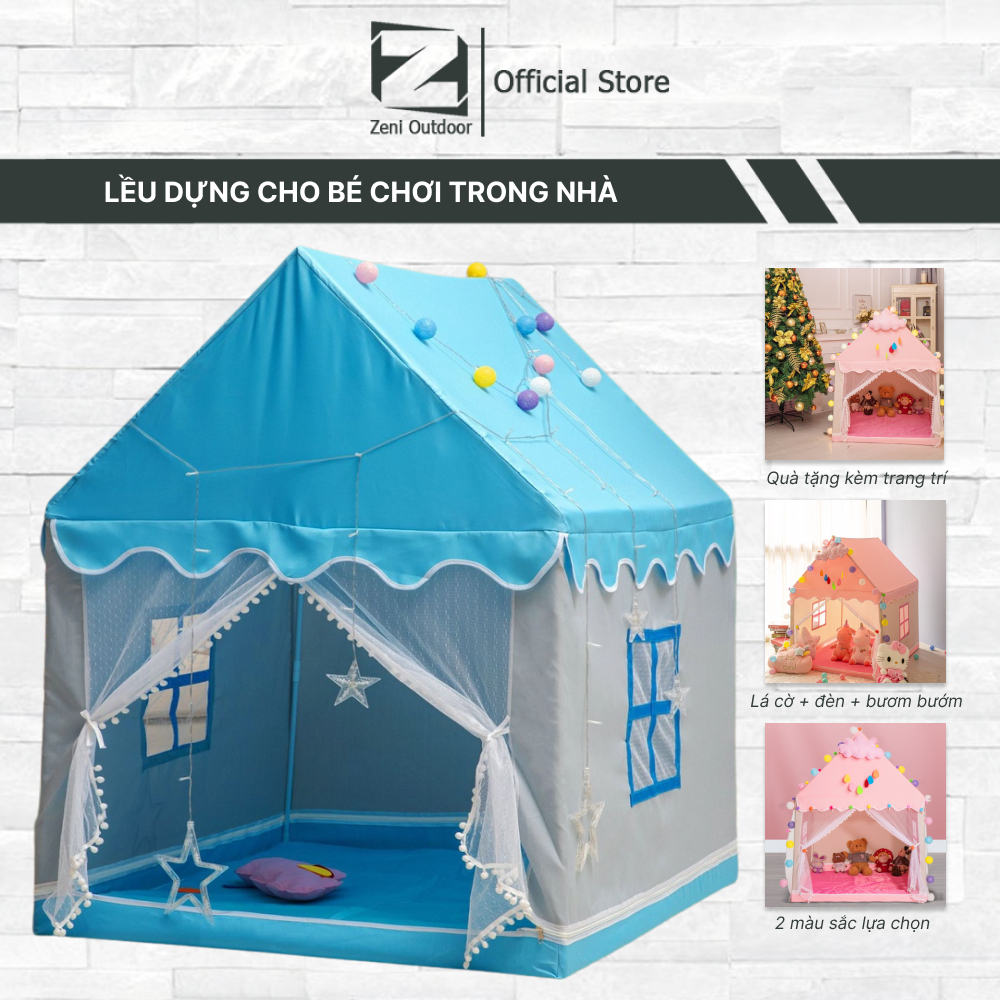 Lều cho bé, Lều công chúa lều hoàng tử, lều trong nhà cho bé vui chơi - Tặng kèm đèn, bướm, cờ