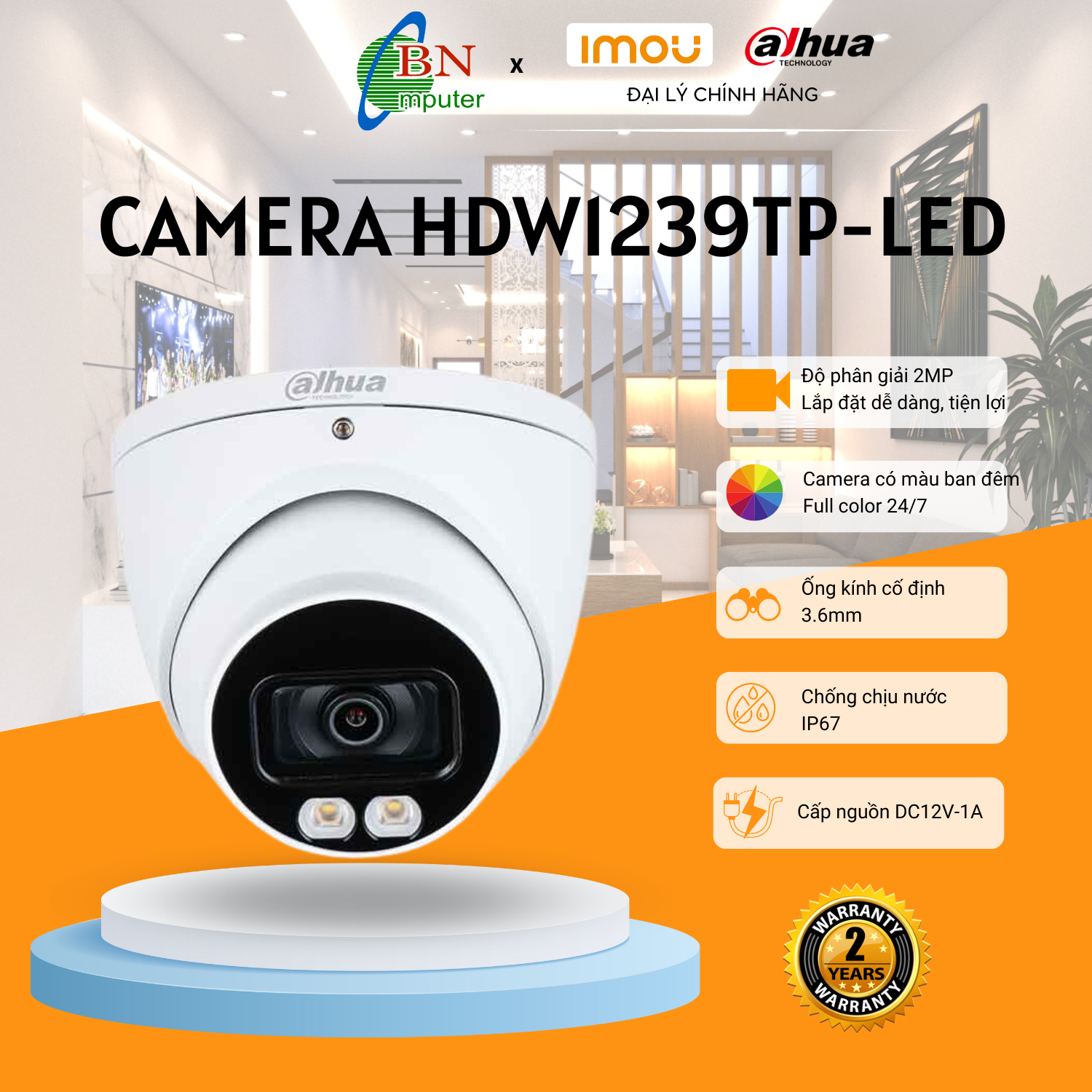 Camera analog dahua hdw 1239tp-led đêm có màu 2.0mp, bảo hành 24 tháng