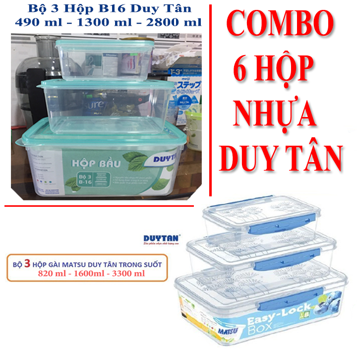 [TRỌN BỘ 6 HỘP_PL] Bộ 3 Hộp Gài Matsu Trong Suốt 820ml - 1600ml - 3300ml VÀ Bộ 3 Hộp nhựa bầu Duy Tân 490ml - 1300ml - 2800ml đựng thực phẩm, các loại hạt an toàn có nắp gài