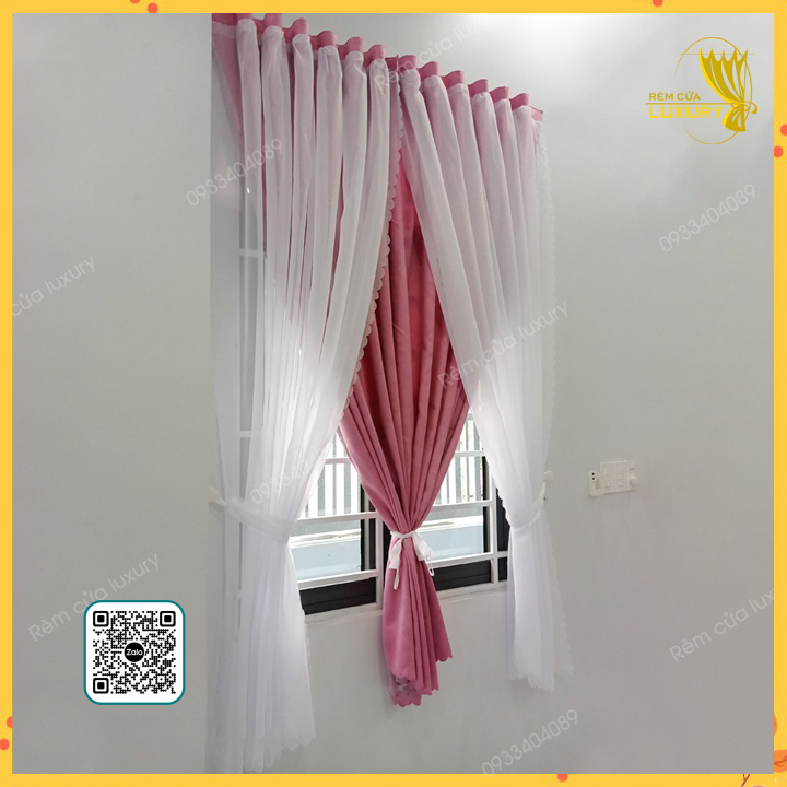 Rèm cửa dán tường 2 lớp voan trắng trang trí cửa sổ phòng khách dễ lắp đặt
