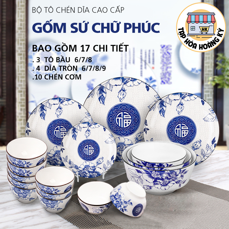 Bộ tô, chén, dĩa gốm sứ hoa văn Chữ Phúc