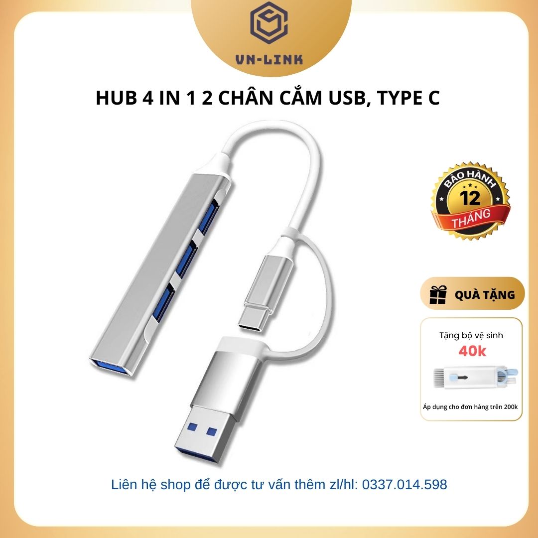 Bộ chia cổng Hub Type-C USB 4 trong 1 với 4 cổng chuyển đổi USB đa năng cho PC, Laptop