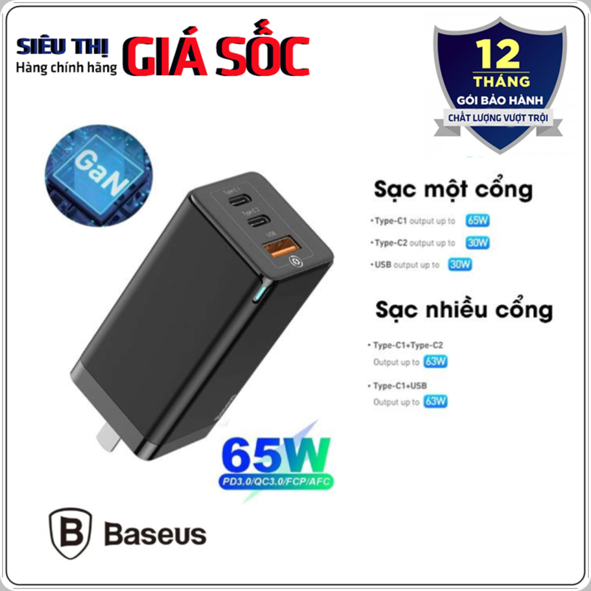 Củ sạc cực mạnh siêu nhanh 65W BS-E915 1 cổng USB, 2 cổng Type-C Hỗ trợ QC 4.0, QC 3.0, PD 3.0 cho điện thoại Iphone 11 Pro, MacBook Pro, Samsung, Xiaomi, Huawei