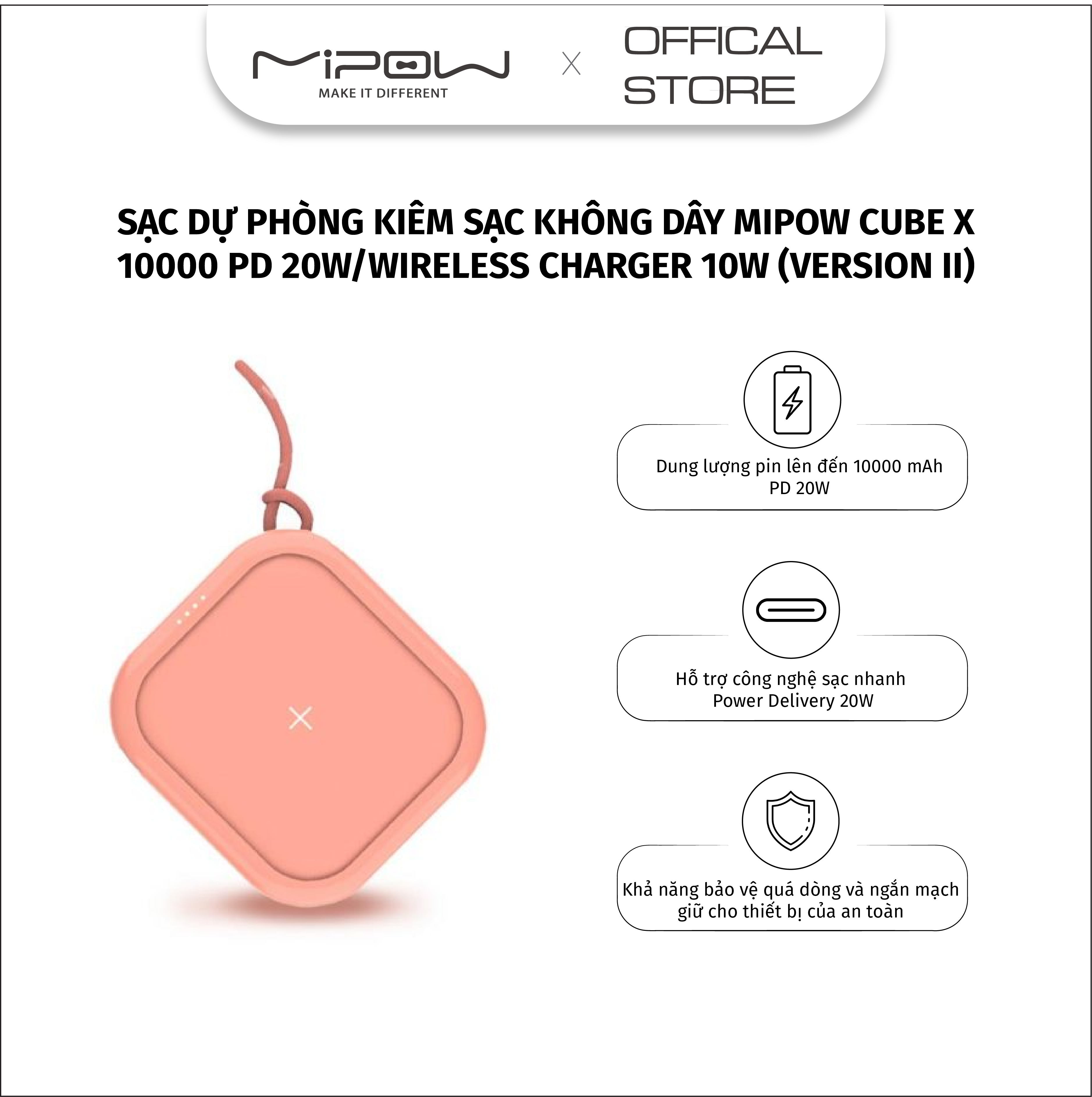 Sạc dự phòng kiêm sạc không dây mipow cube x 10000+ – spx01w