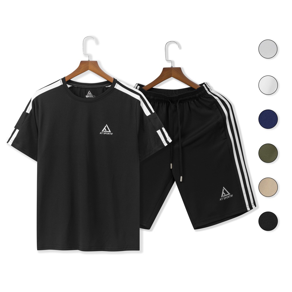 Bộ đồ nam - Đồ bộ thể thao AT Sport Phối 3 Sọc Vai Q515 cao cấp - Chất liệu Cotton 100% - Phong cách thời trang - 6 màu đen ghi Be Than Rêu trắng- Có bigsize tới 85kg