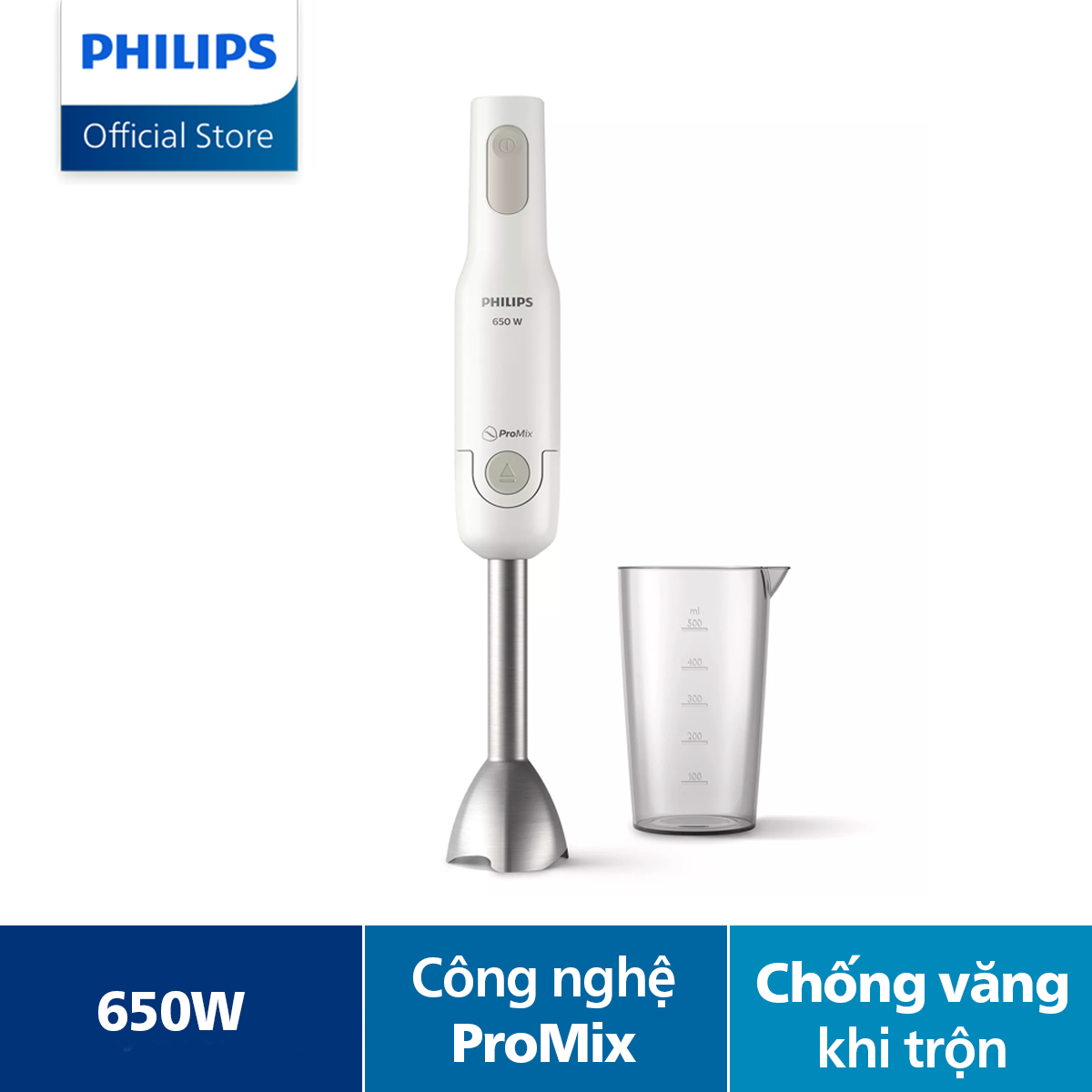 Máy Xay Cầm Tay Philips Promix HR2534/00 (Trắng), Động Cơ Hiệu Suất Cao Cung Cấp Hiệu Quả Xay Nhanh Và Mịn-Hàng Phân Phối Chính Hãng