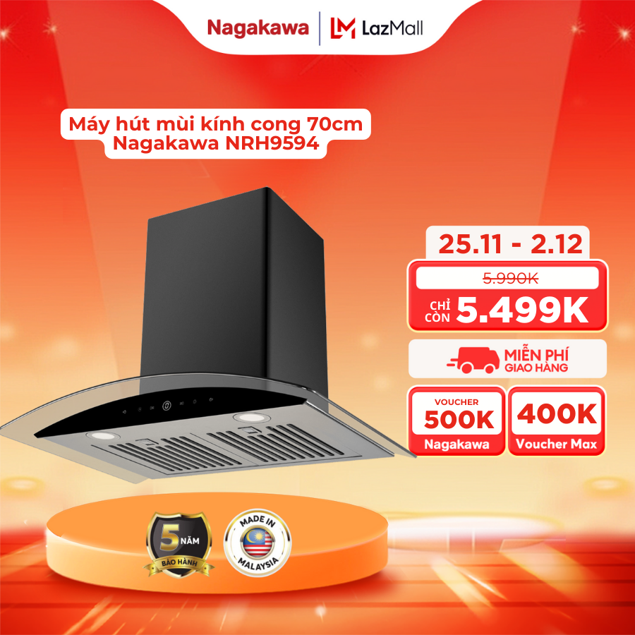 Genuine Nagakawa Nrh9594 Range Hood, 5-Year Warranty, Made in Malaysia