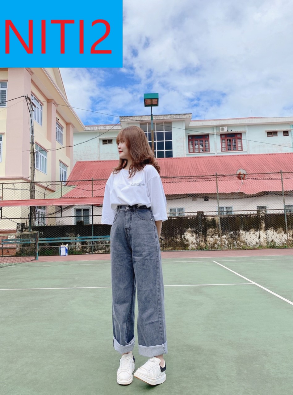 Quần jean ống rộng nữ màu xám lưng cao cực hot niti2 đơn giản sành điệu phong cách