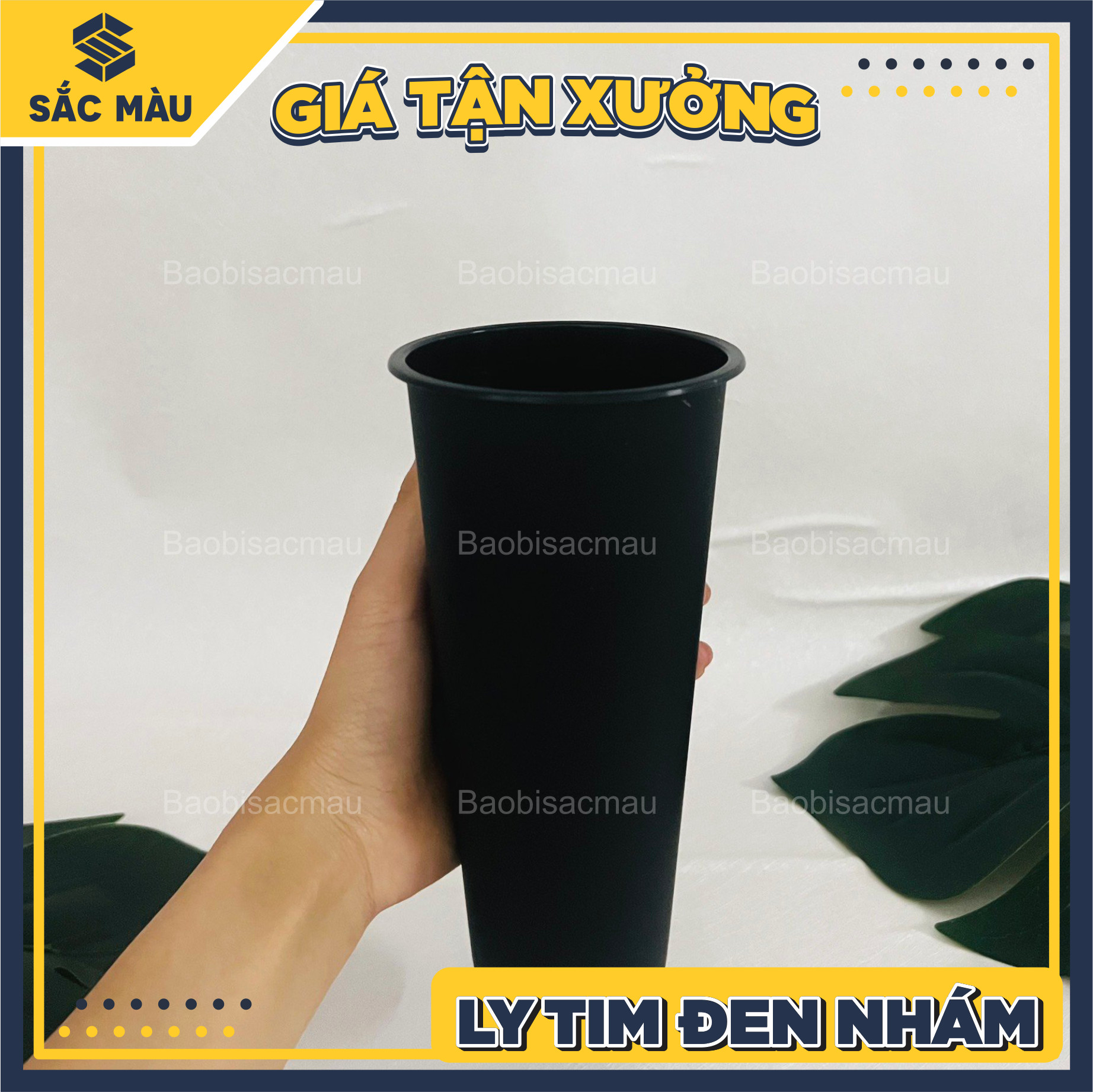 Set 10 cốc/ly tim nhựa đen nhám 700ml phi 90 kèm nắp cầu đen