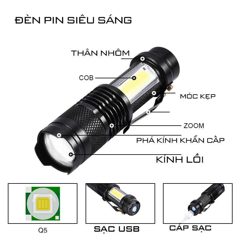 Đèn pin siêu sáng mini nhỏ gọn  kim loại nhuôm  2 loại đèn xpe và cob siêu sáng sạc cổng usb 5 v có móc kim loại dễ cài - sáng bền đẹp rẻ.