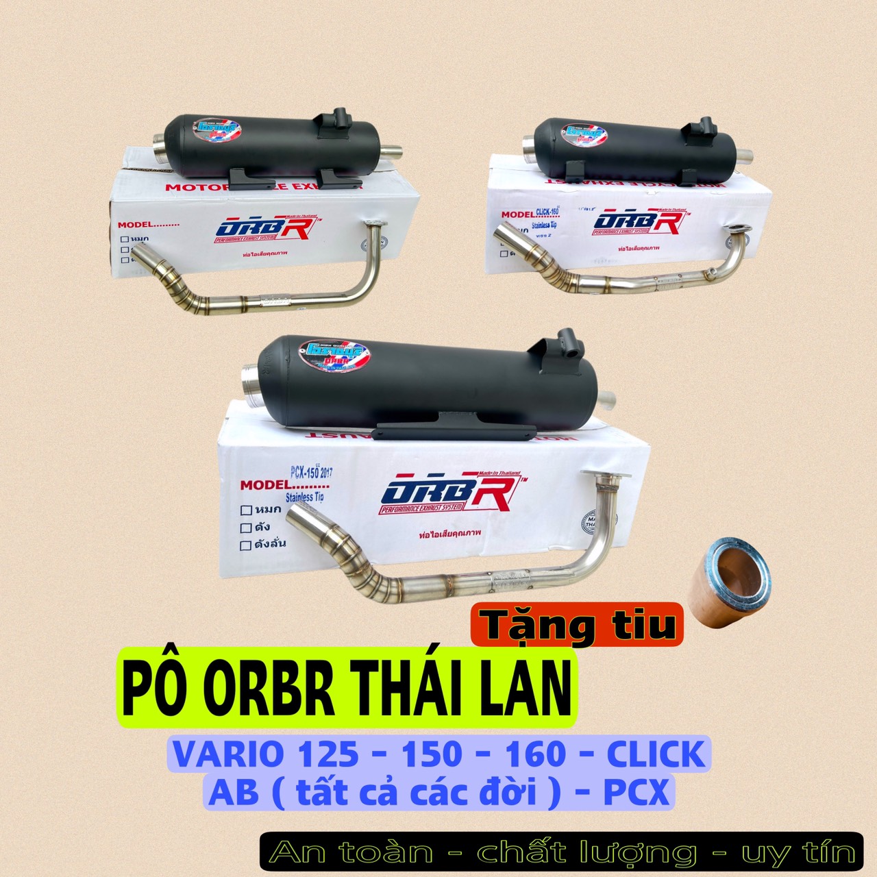 Pô orbr thái lan cho xe vario 125, 150, 160, 2017, 2018, click, ab các đời, pcx, cổ pô sâu inox 304 chính hãng