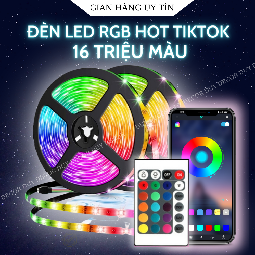 Cuộn dây đèn led Tiktok, Dây đèn led RGB 5050 điều khiển thông minh 16 triệu màu hot Tiktok, Đèn dán tường thông minh