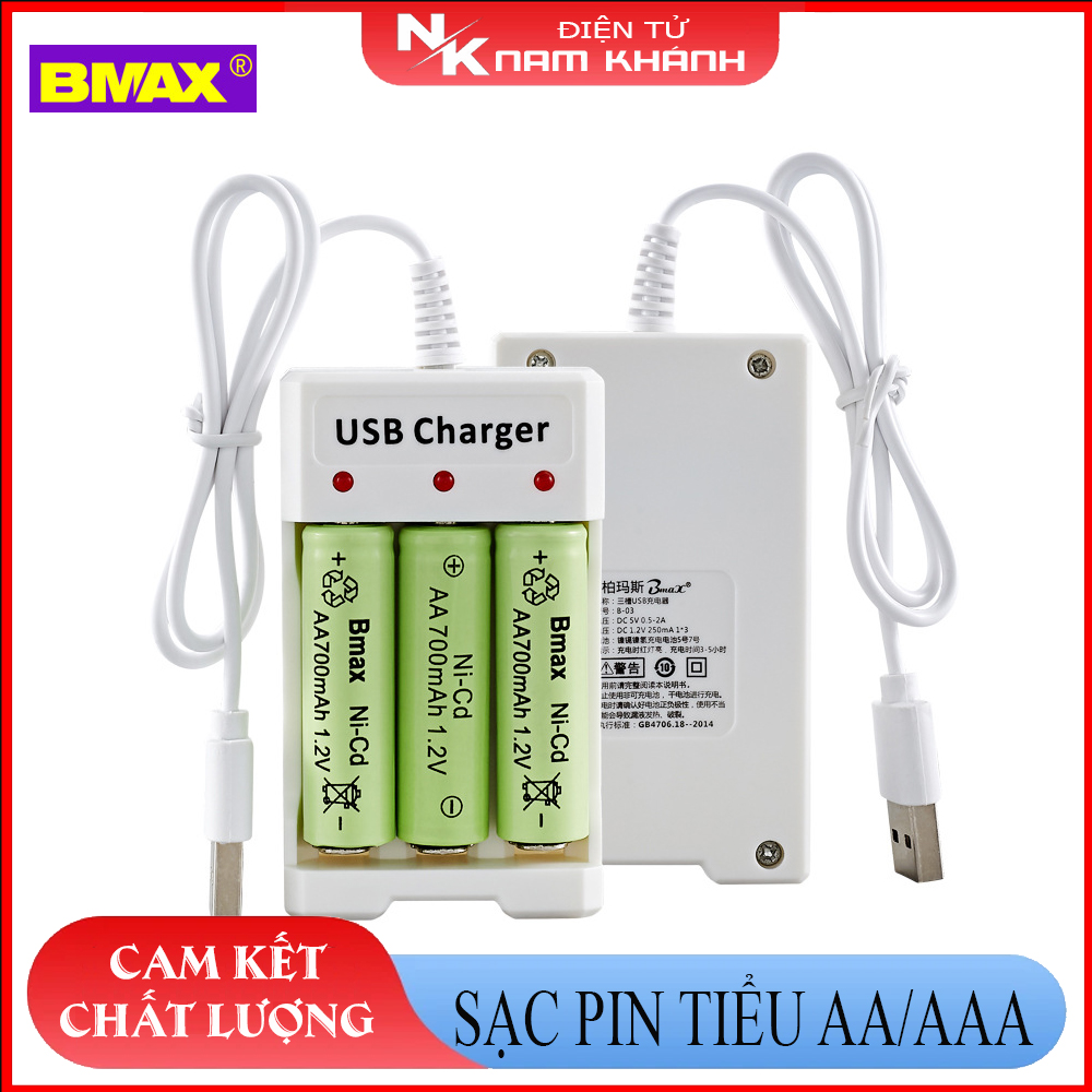 Bộ sạc pin tiểu aa aaa 3 cổng usb bmax b-03