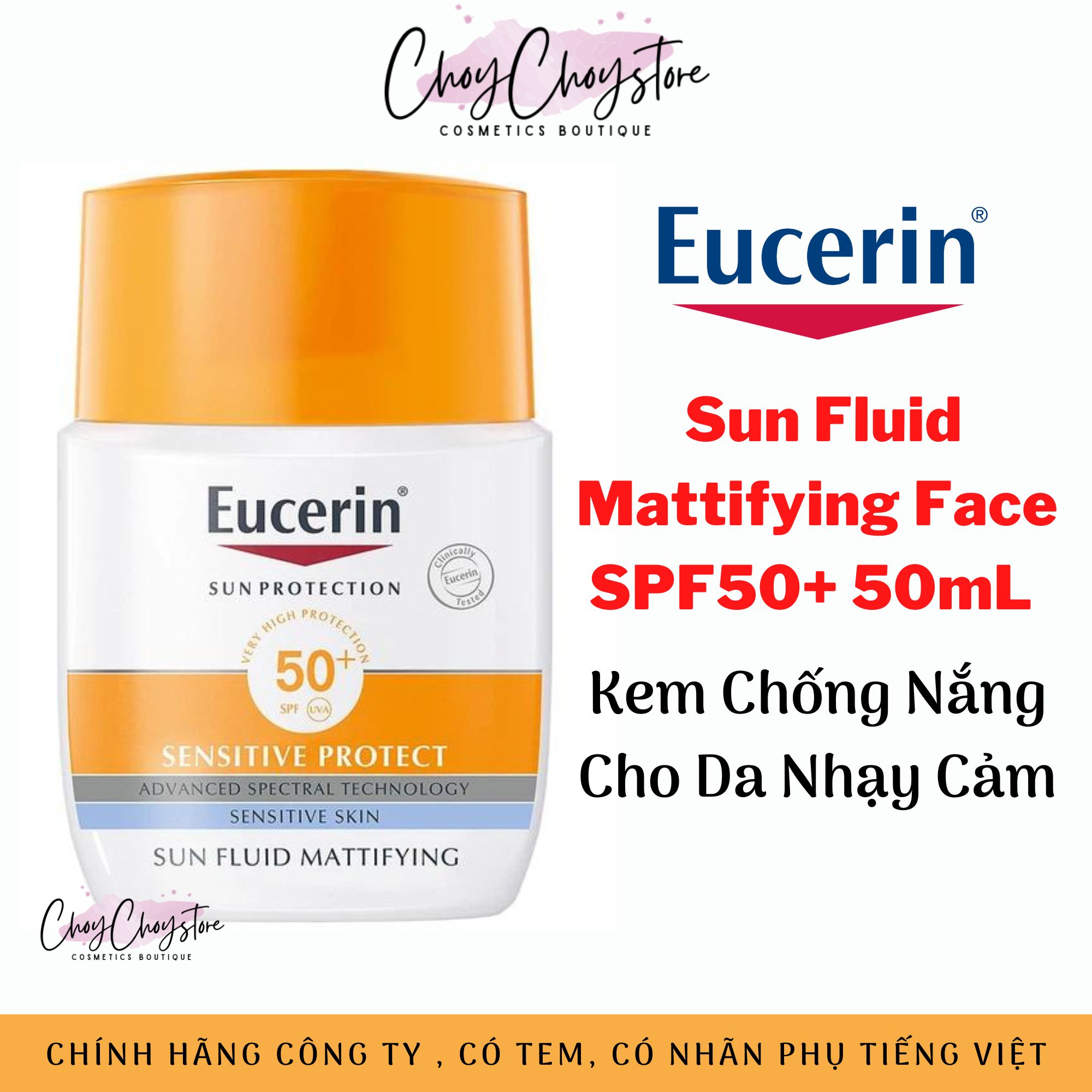 (TEM CTY) Kem chống nắng  Eucerin Sun Fluid Sensitive Protect SPF50+ 50mL cho da nhạy cảm