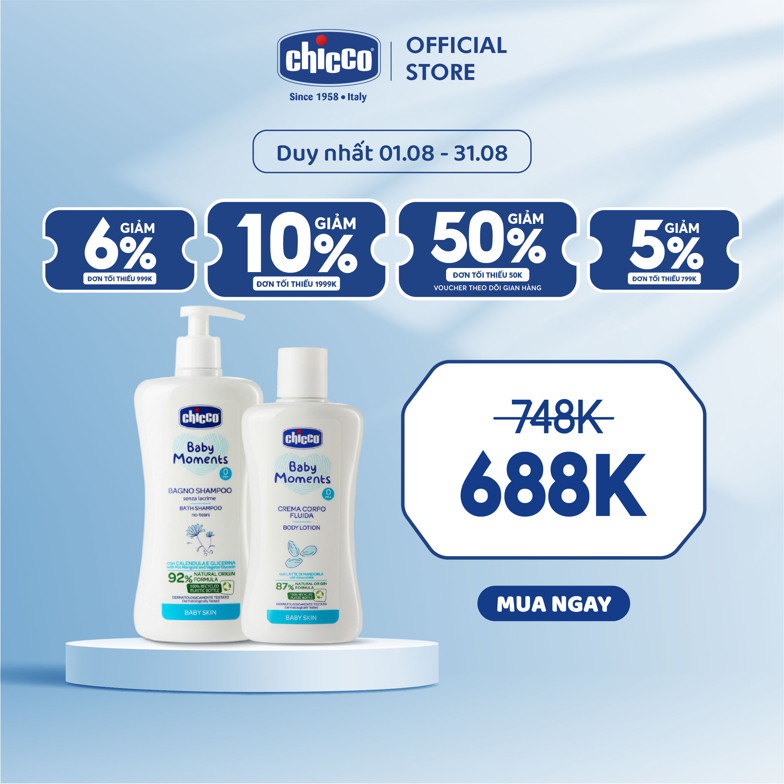 Combo Sữa tắm gội chiết xuất Hoa cúc 0M+ Chicco 500ml + Sữa dưỡng ẩm chiết xuất Hạnh nhân Chicco 200ml