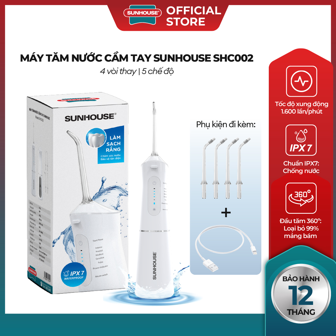 Máy Tăm Nước Cầm Tay Sunhouse SHC001 SHC002 – Chống nước IPX7 - 5 chế độ làm sạch thông minh - Tốc độ xung động mạnh mẽ 1600 lần xịt/phút - Bảo hành 12 tháng