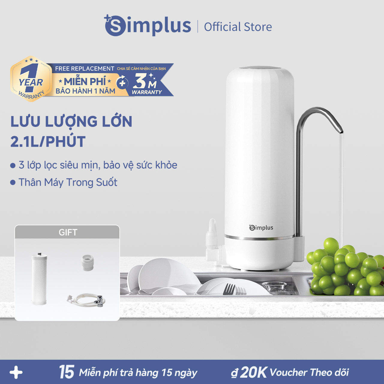Simplus Máy lọc nước Lọc siêu vi uống trực tiếp Lắp vòi tại bếp 2 chế độ nước diệt khuẩn khử clo Dùng cho nhà bếp phòng tắm JSQH006