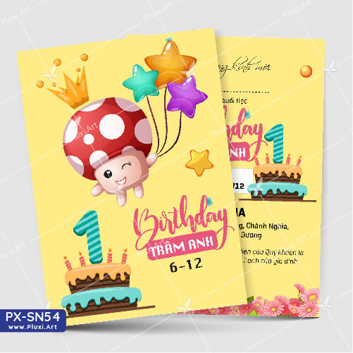 [4200đ/thiệp]  Thiệp thôi nôi – sinh nhật Bé Nấm | In Tên |Thiệp Pluxi PX-SN054