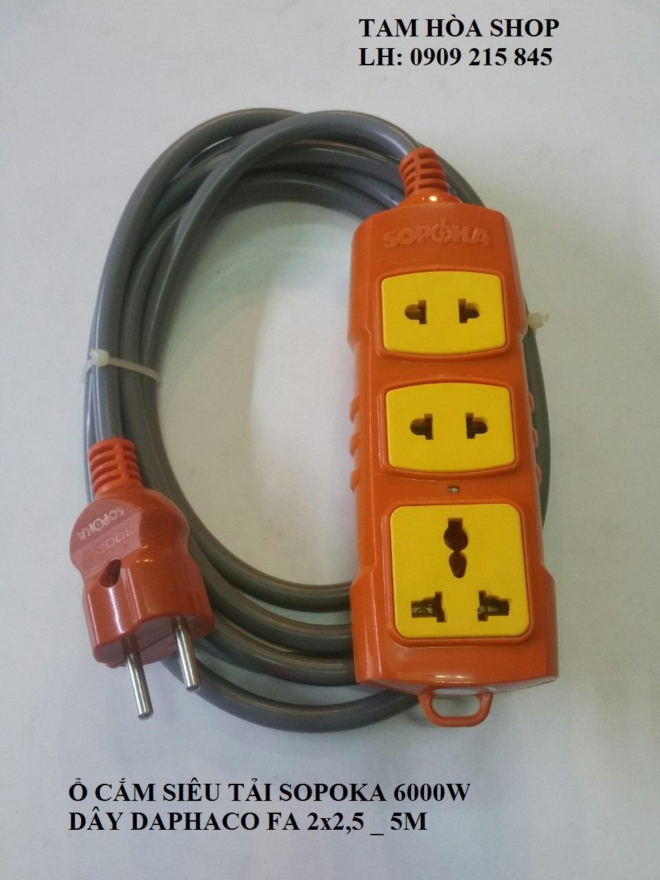 Ổ cắm siêu tải 3 cửa có dây SOPOKA 6000W- Dây Daphaco 2x2,5 dài 5 mét