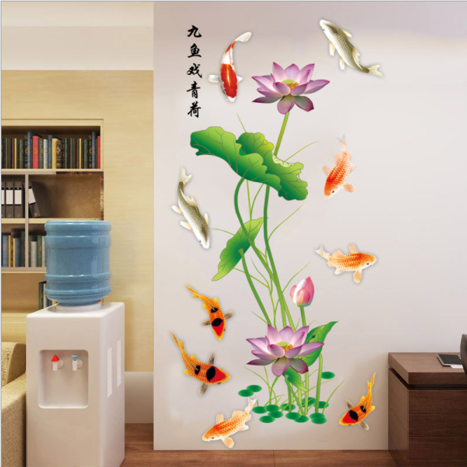 Decal dán tường decor phòng đẹp, sang trọng, ấn tượng: Cá chép hoa sen GL110