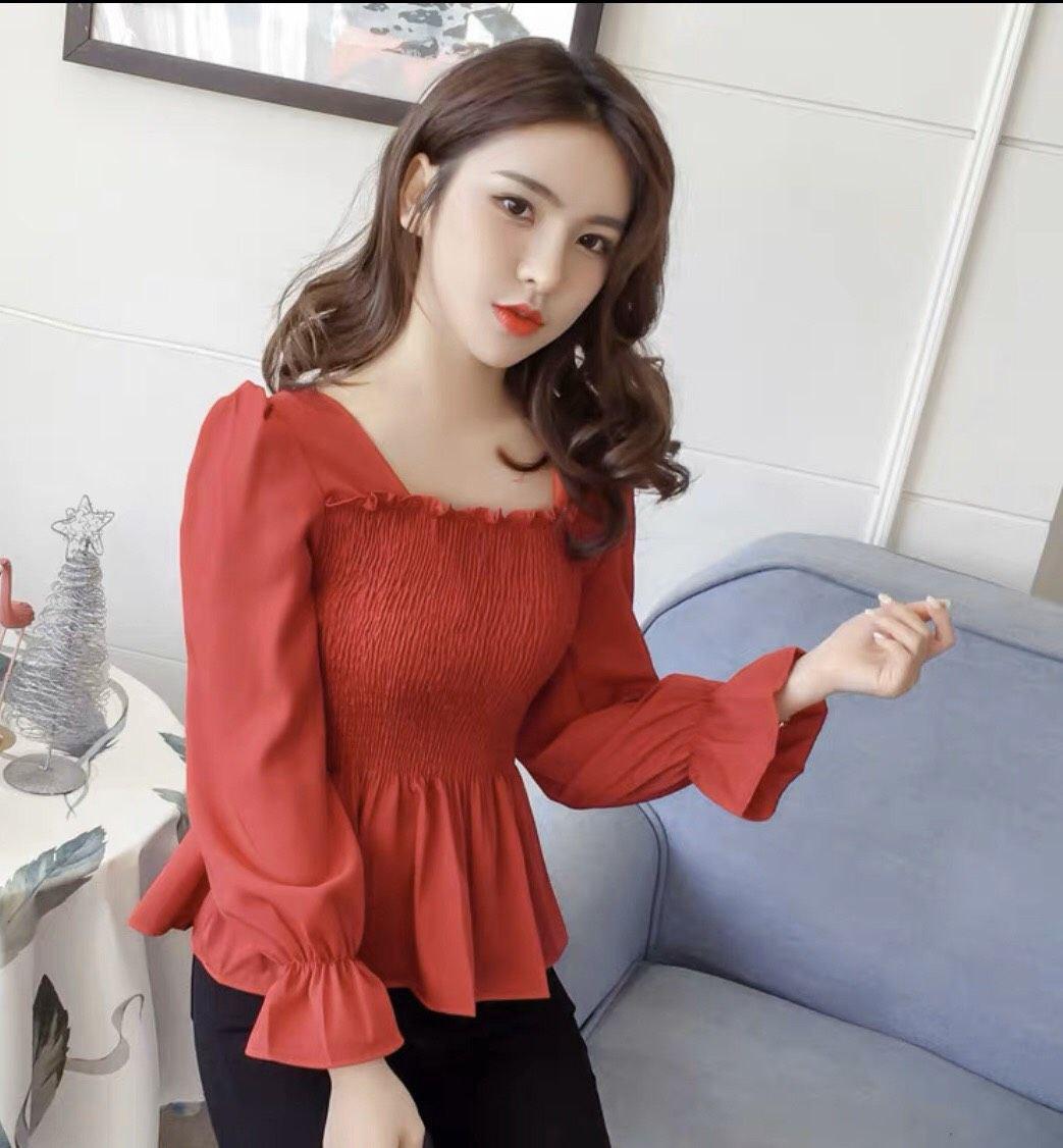 Áo kiểu nữ nhún cổ vuông tay dài loe siêu hot hit 1123A10B1