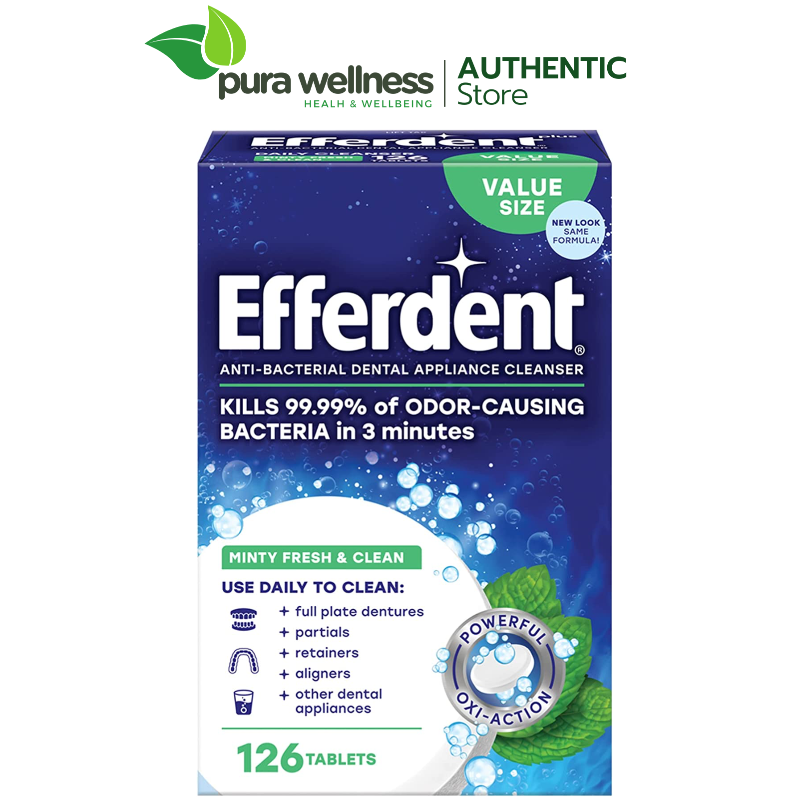 Efferdent Fresh & Clean Viên sủi làm sạch và vệ sinh hàm giả răng giả hàm tháo lắp, khay chỉnh nha 126 viên