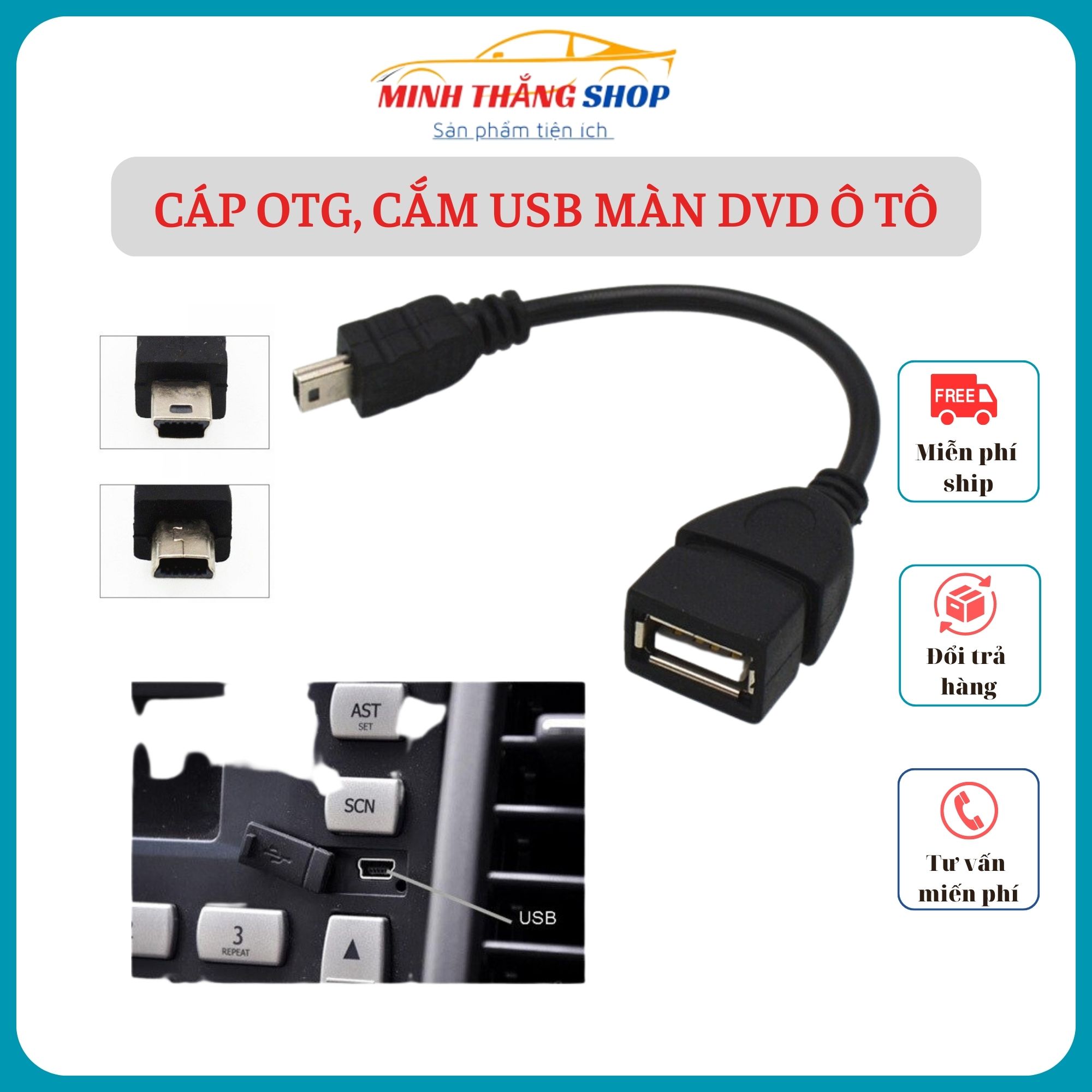 Cáp OTG đầu vuông Mini USB to USB. Cáp cắm USB ô tô