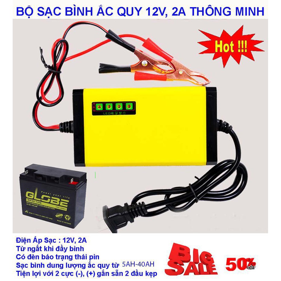 Máy Sạc Bình Ắc Quy Tự Động Cho Xe Máy (12V 2A) Sạc Bình Nhanh Cho Xe Máy, Xe Ô Tô, xe đạp điện và các loại bình điện khác nhau - xac binh ac quy, ắc quy ô tô, Bộ sạc bình acquy 12v 2A thông minh