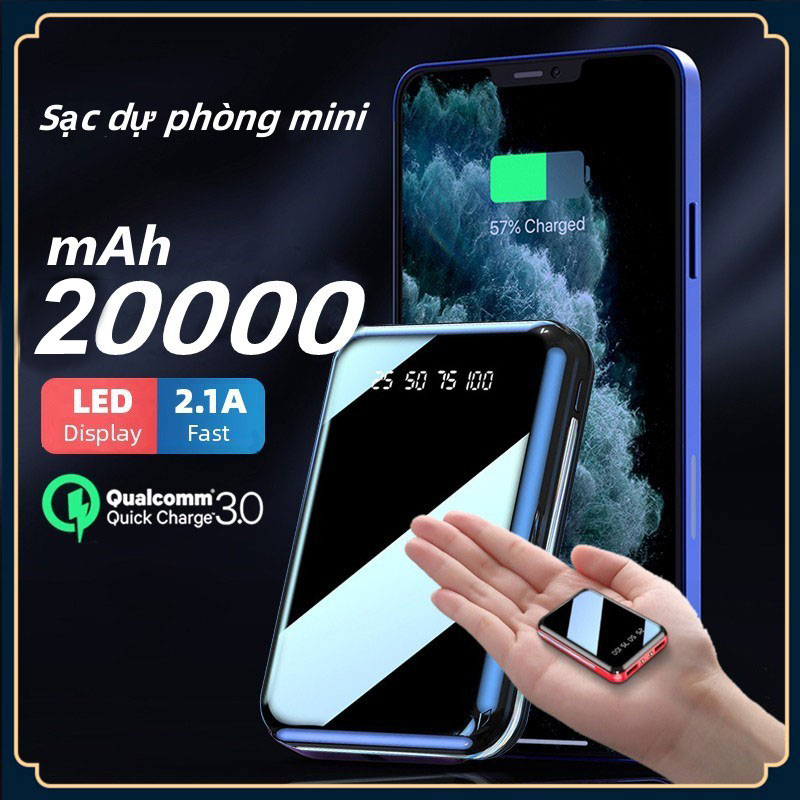 Sạc dự phòng mini 20000mAh Gương đầy đủ Màn hình hiển thị kỹ thuật số Đèn pin LED Pin ngoài Đầu ra USB kép Protable Power Bank