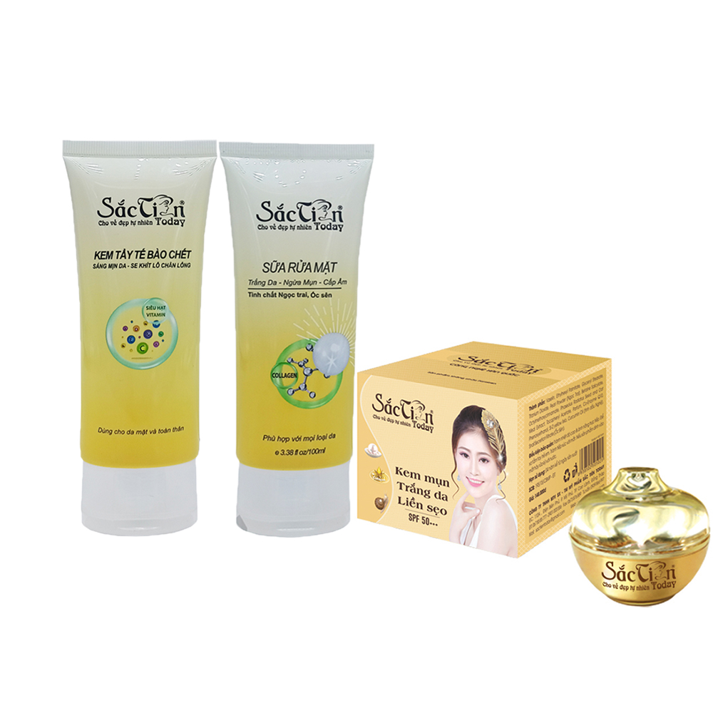 Kem mụn trắng da liền sẹo 15g + kem tẩy tế bào chết + sửa rửa mặt trắng da sạch mụn sắc tiên today