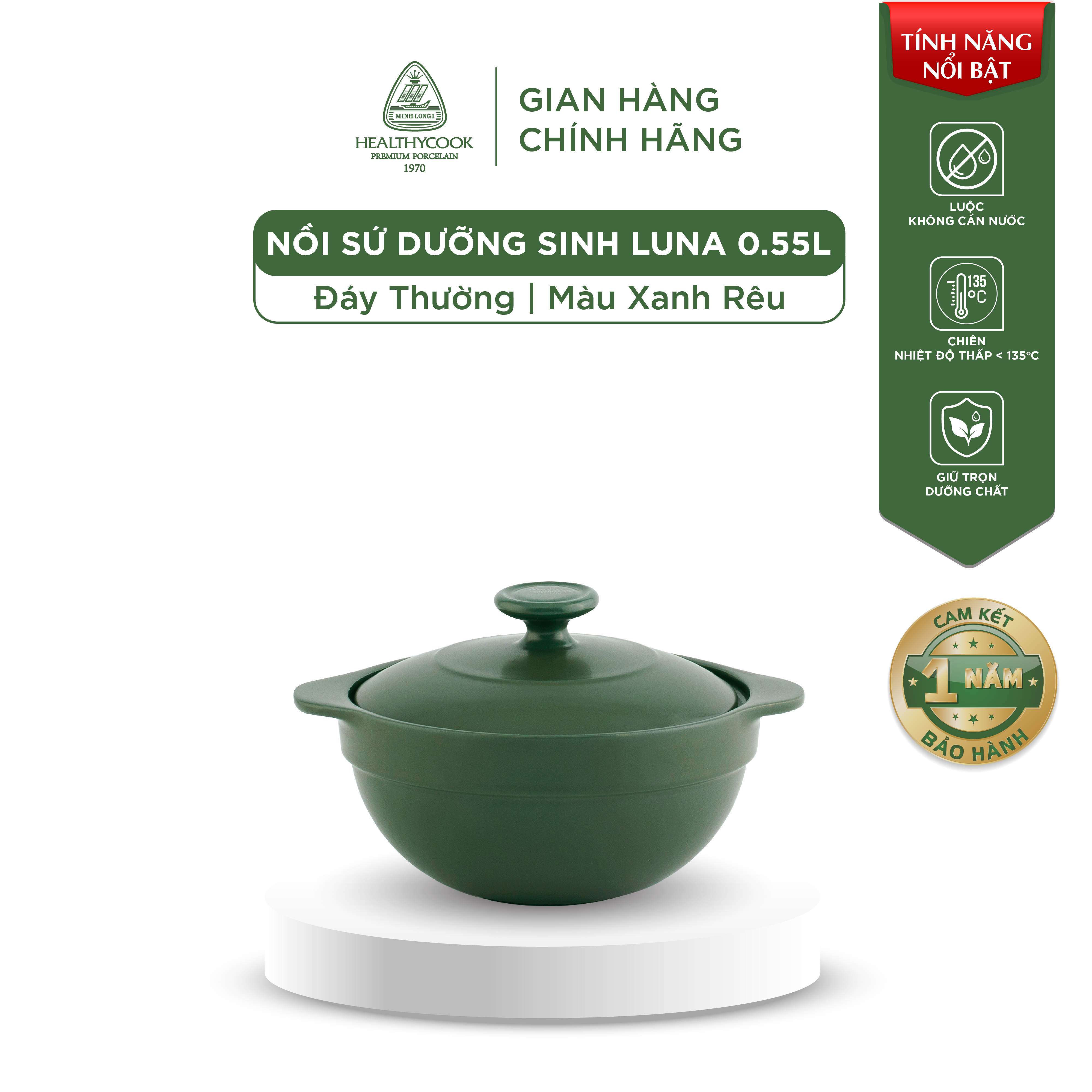 Nồi sứ dưỡng sinh Minh Long - Luna 0.55 L + nắp - Dùng Cho Bếp Gas, Bếp Hồng Ngoại