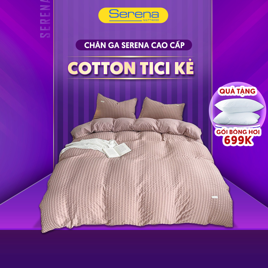 Ga giường 5 món tc dum kẻ sọc styte minimalism SERENA chính hãng chuẩn khách sạn 5 sao set bộ chăn ga ra drap grap gối bọc nệm đệm full 5 món sợi lyocell 100% trải p