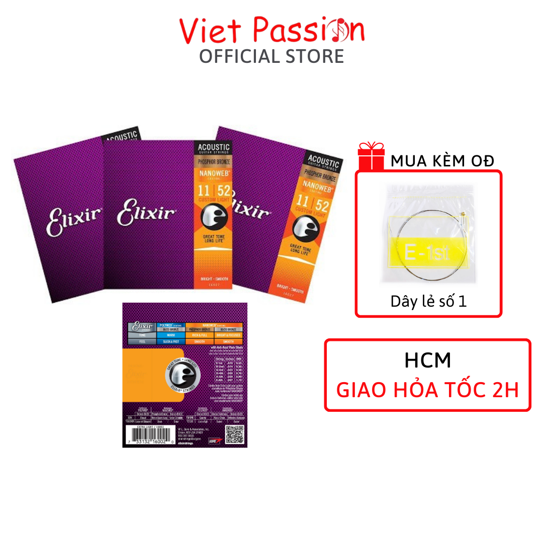 Dây đàn guitar acoustic elixir 16027 Phosphor Bronze Nanoweb cỡ 11 dây đàn Elixir 16052 và 16002 chính hãng Viet Passion HCM
