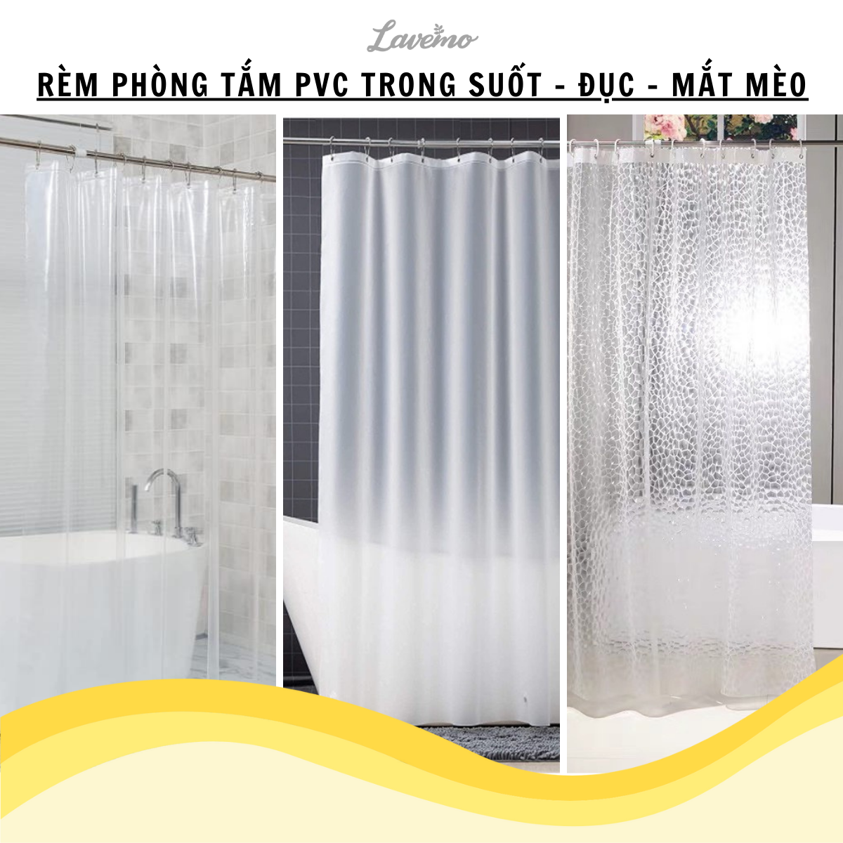 Rèm phòng tắm/ rèm cửa sổ trắng trong suốt mắt mèo và đục lavemo 180cm x 180cm loại 1 pvc