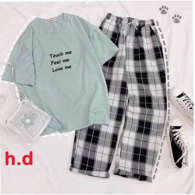 Set áo tough me + quần kẻ caro đen hđ12