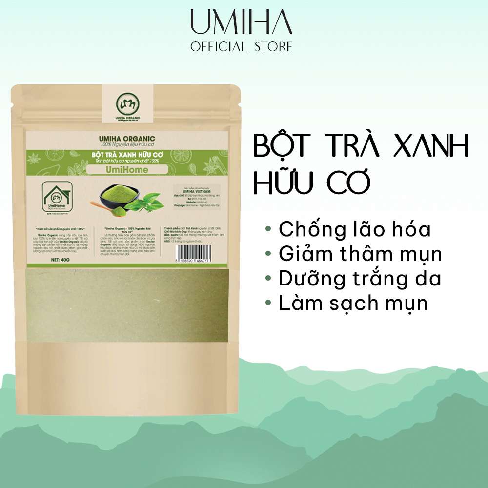 Bột Trà Xanh hữu cơ UMIHOME nguyên chất 40g - Mặt nạ đắp mặt trắng da, ngừa mụn và thâm hiệu quả, chống lão hóa