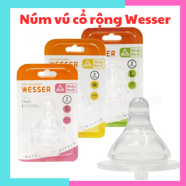 Núm vú Wesser cổ rộng núm vú siêu mềm chống sặc chống đầy hơi có đủ size S M L cho bé không BPA núm ti dùng cho bình sữa cổ rộng
