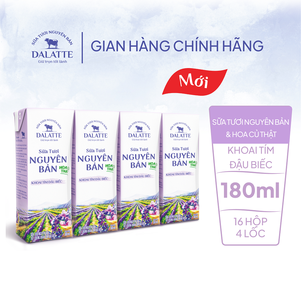 Combo 4 Lốc (16 hộp) - DALATTE 180ml Sữa Tươi Nguyên Bản & Hoa Củ Thật - Khoai tím đậu biếc