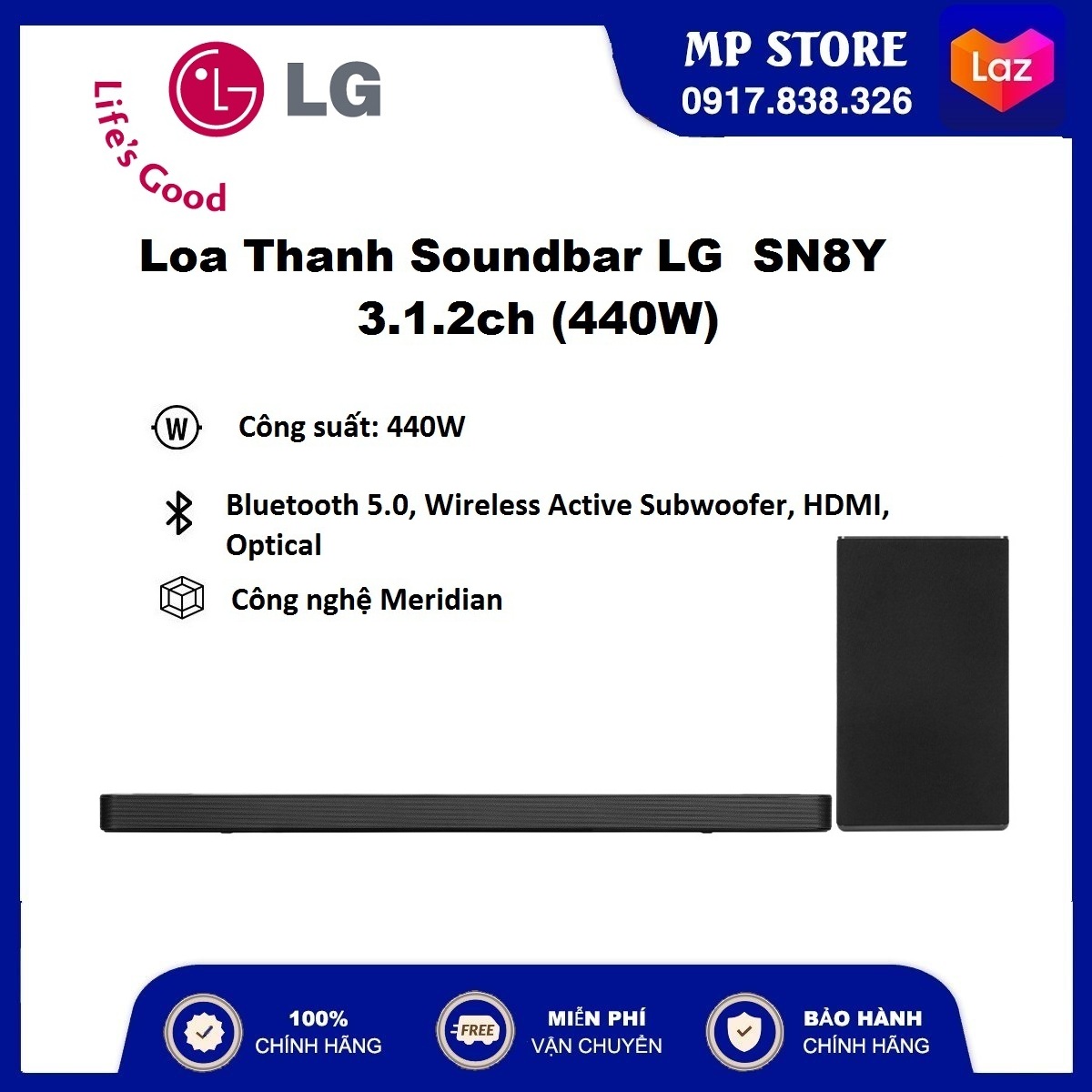 [Trả góp 0%- FREESHIP] Loa thanh soundbar LG 3.1.2 SN8Y 440W | Bluetooth 5.0 | Công nghệ Meridian
