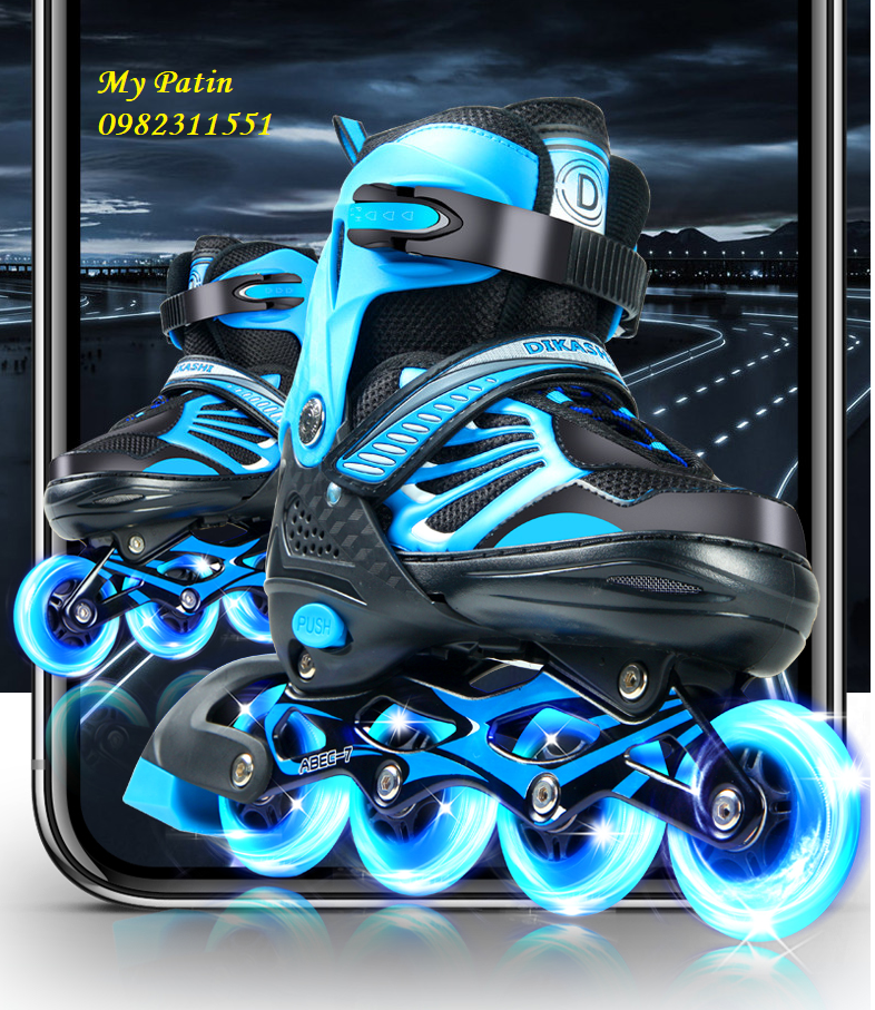 TẶNG CỐC TRƯỢT Giày Patin Dikashi 8 BÁNH CAO SU PHÁT SÁNG, Patin trẻ em người lớn chính hãng