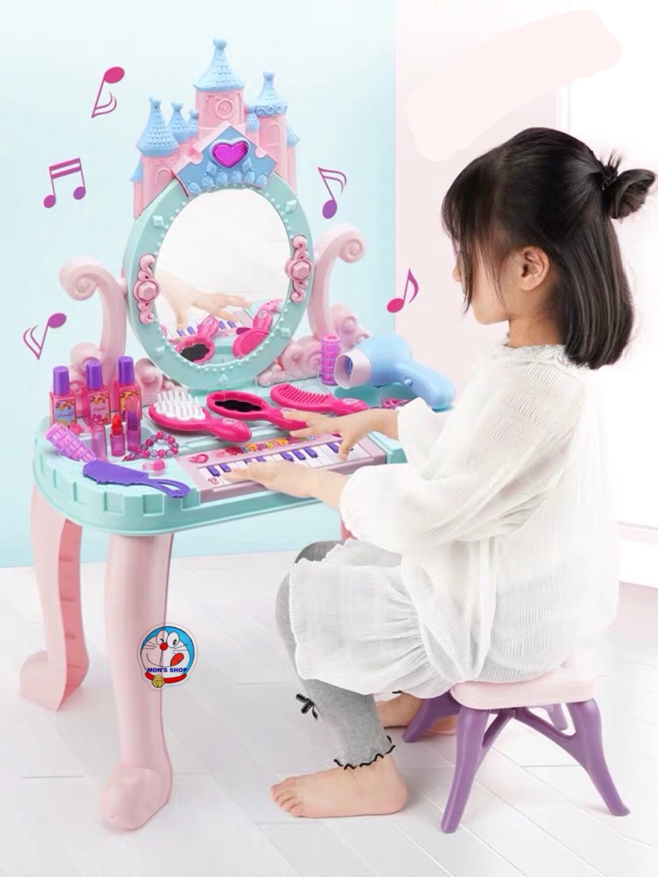 Đồ chơi trang điểm, bàn trang điểm kèm đàn piano có nhạc, đèn, có ghế ngồi, có âm thanh và ánh sáng, mẫu siêu độc 2021