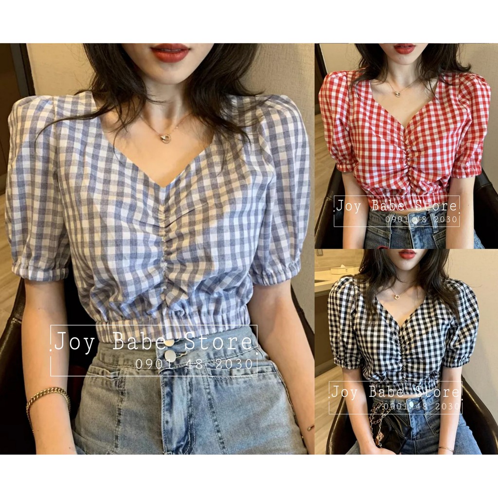 [HCM][HÌNH THẬT ÁO CROPTOP ÔM BODY NGẮN CO GIÃN - ÁO KIỂU CRT ULZANG NGẮN TAY CARO 119