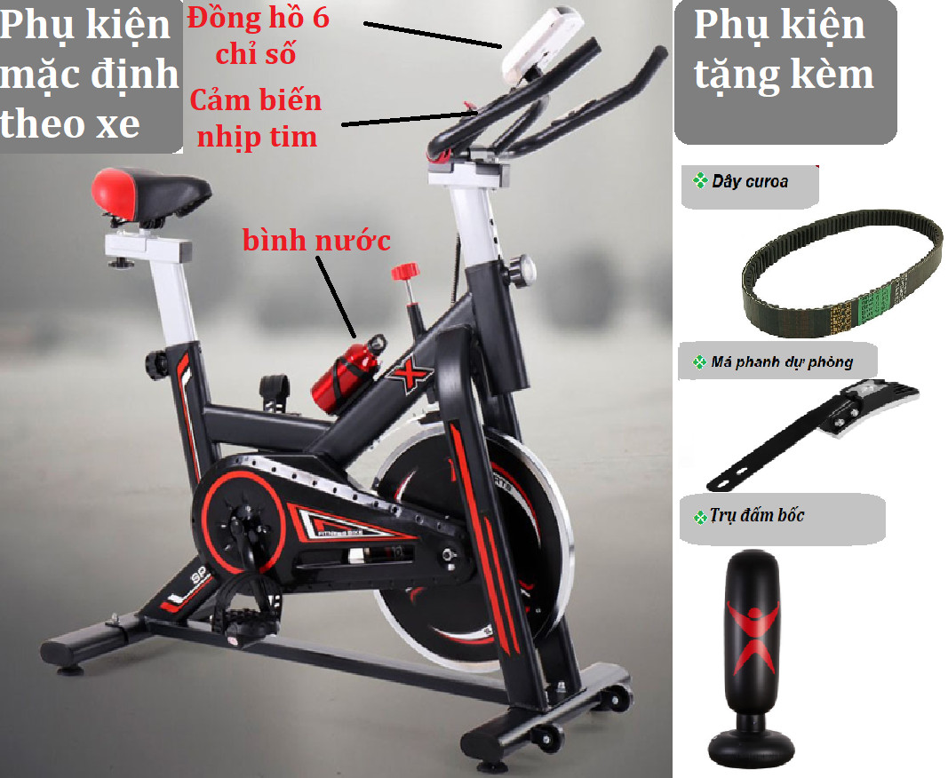 Xe đạp trong nhà đa năng Tôshikô X8 tặng Đồng hồ LED+ Bình nước thể thao+ Đo nhịp tim+ Trụ đấm bốc + Má Phanh + Dây Curoa