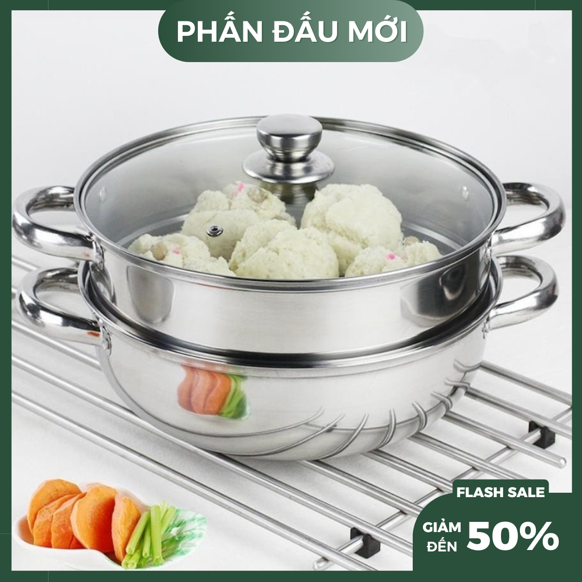 Bộ nồi hấp inox - nồi hấp đa năng 2 tầng cao cấp nắp kính size 28cm dùng được cả bếp từ bếp gas