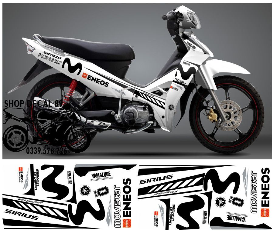 Tem chế Sirius Movistar Đen Trắng MS 892228 - Tem rời 3 lớp cao cấp - Dán xe sirius xăng cơ